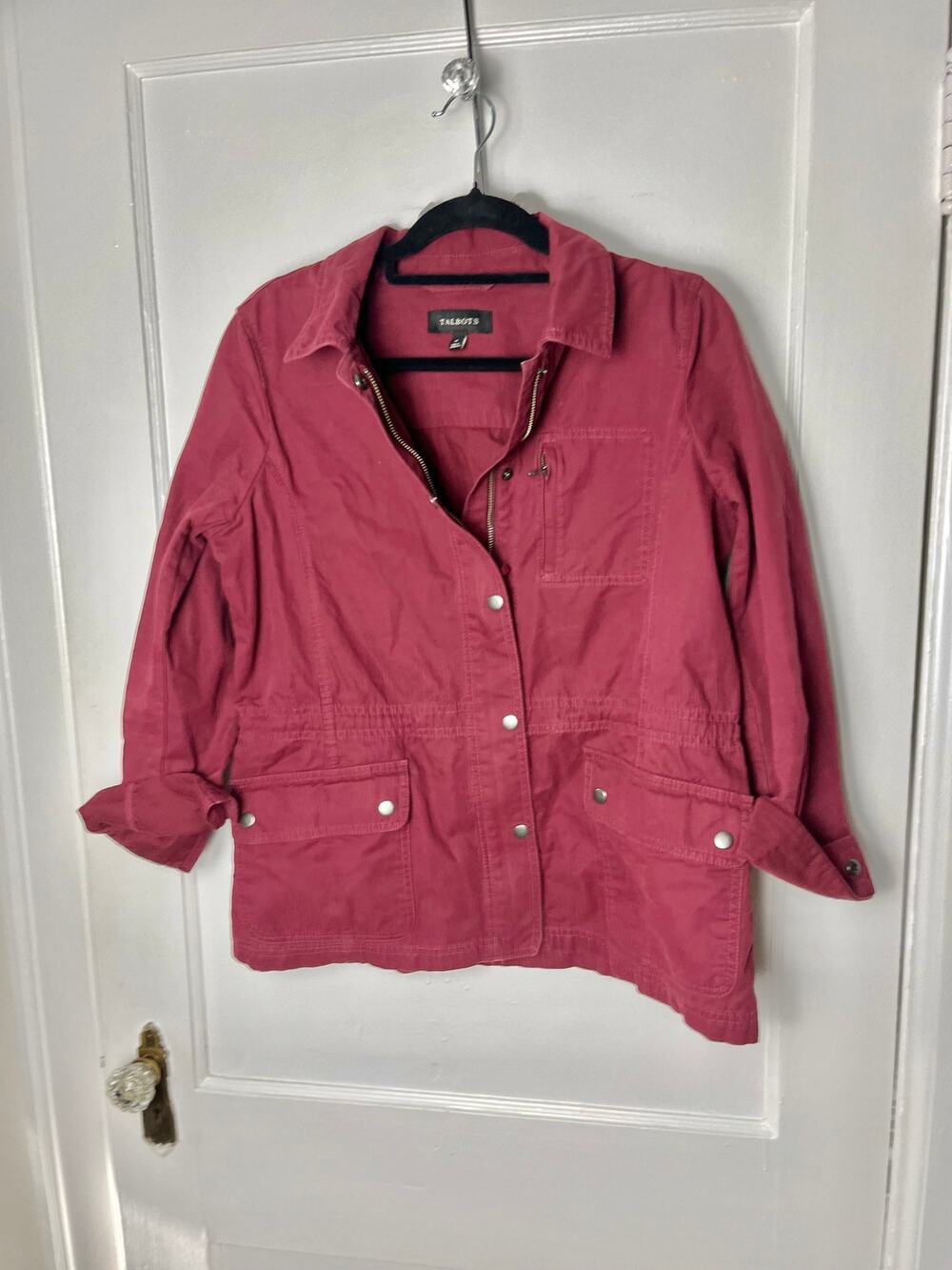 Talbots Utility Jacket M Burgundy Cotton Safari Field Jacket Barn Coastal Preppy